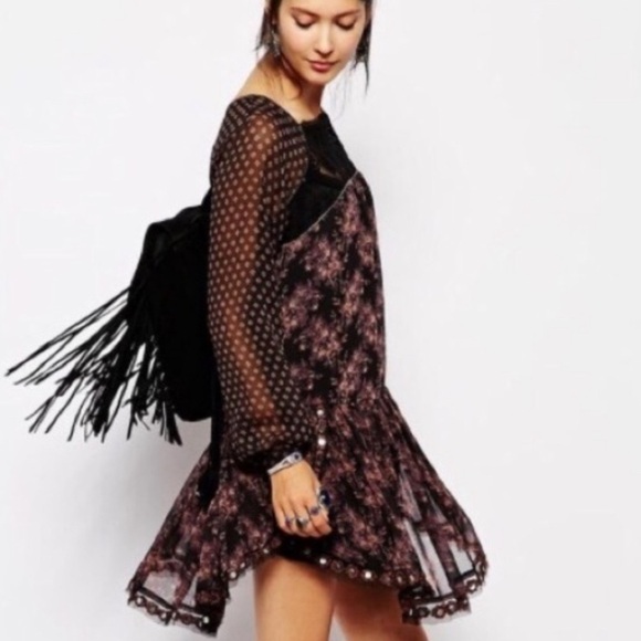 Free People Elsie Lace Chiffon Dress in Midnight Garden - XS Small - Picture 7 of 16